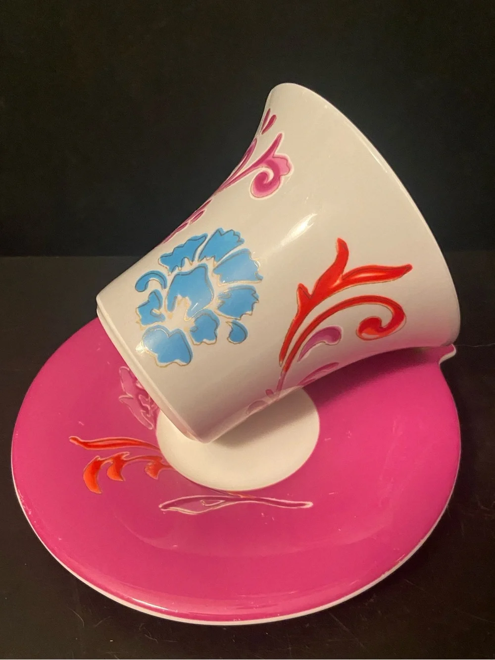 Ceramic Porcelain Art Nouveau Pink Gray Flower Cup/Saucer Set  Japan “T”